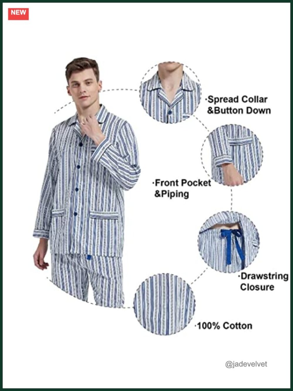 Men's 100% Cotton Pajama Set Long Sleeve Button Fly Pants - Picture 2 of 6